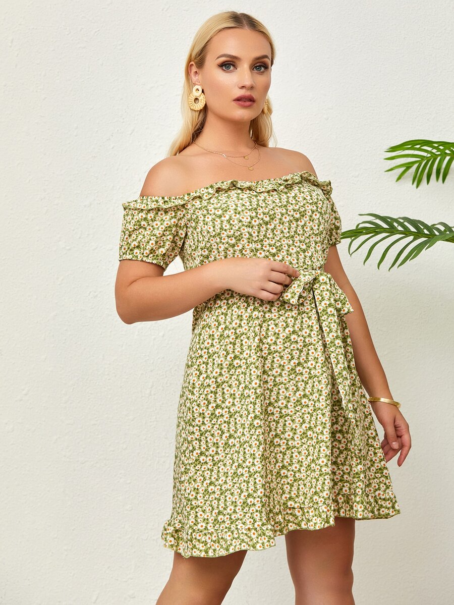 SHEIN Unity Đầm Plus Size Viên lá sen Họa tiết hoa Boho - Màu xanh chanh - Xem 1