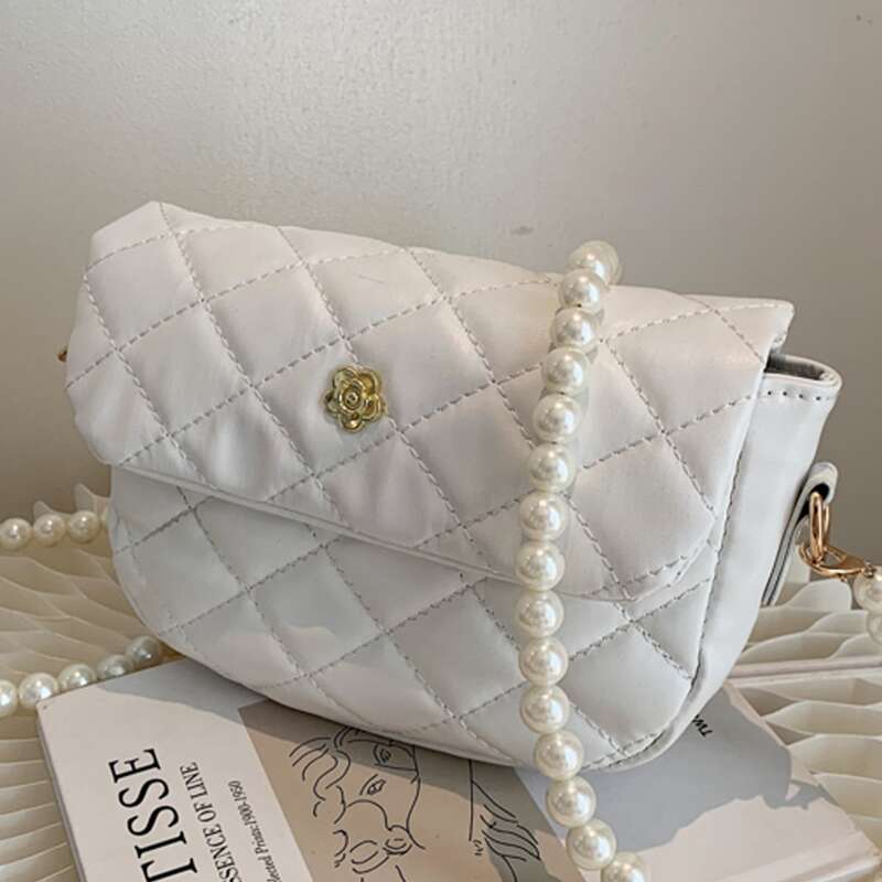 

Faux Pearl Strap Quilted Crossbody Bag, White