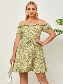 SHEIN Unity Đầm Plus Size Viên lá sen Họa tiết hoa Boho - Màu xanh chanh - Xem 3