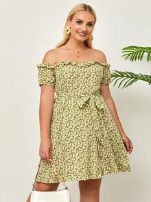 SHEIN Unity Đầm Plus Size Viên lá sen Họa tiết hoa Boho - Màu xanh chanh - Xem 4