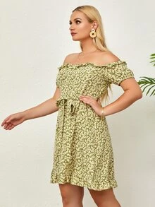 SHEIN Unity Đầm Plus Size Viên lá sen Họa tiết hoa Boho - Màu xanh chanh - Xem 5