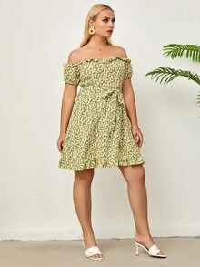 SHEIN Unity Đầm Plus Size Viên lá sen Họa tiết hoa Boho - Màu xanh chanh - Xem 6