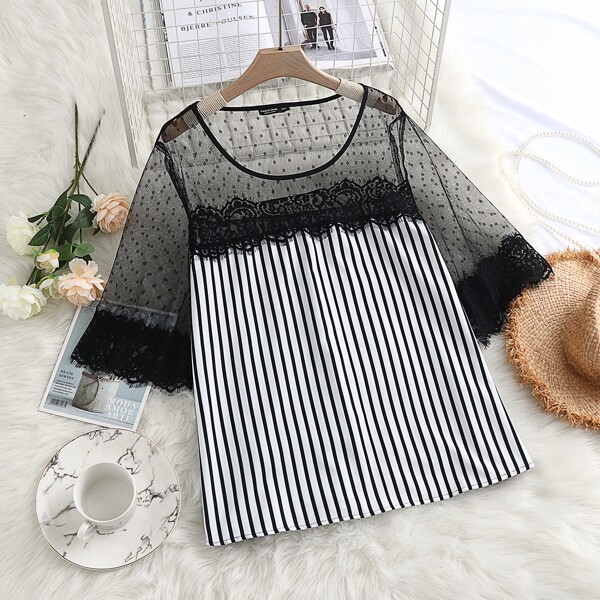 

Plus Contrast Dobby Mesh Striped Blouse, Black and white