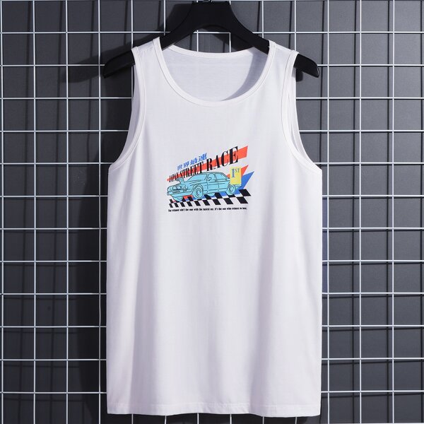 

Men Car And Slogan Graphic Tank Top, White
