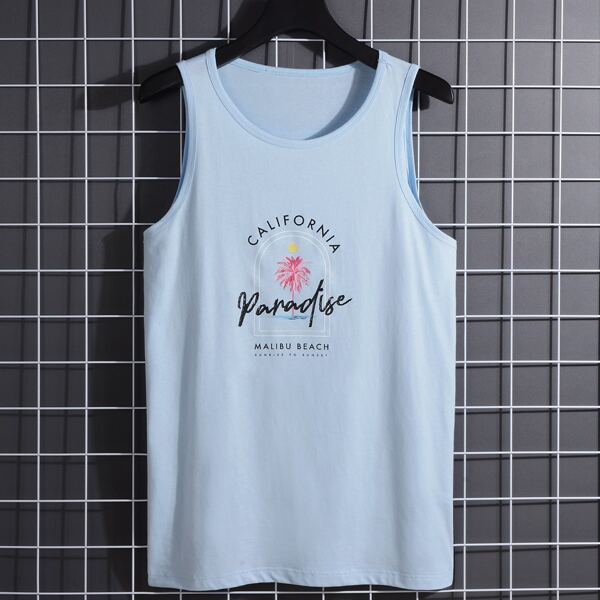 

Men Palm Tree And Letter Graphic Tank Top, Baby blue