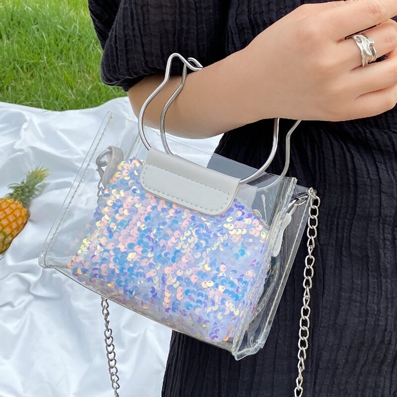 

Cat Ring Clear Bag With Sequin Inner Pouch, White clear