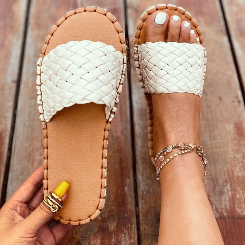 

Braided Band Slide Sandals, White