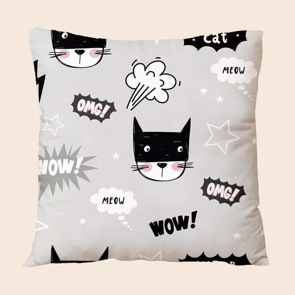 

Kids Cartoon Cat Print Cushion Cover Without Filler, Multicolor