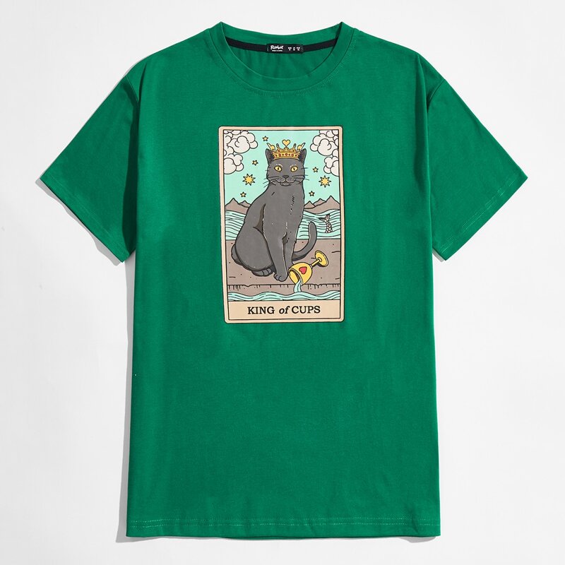 

Unisex 1pc Letter Cat Graphic Tee, Green