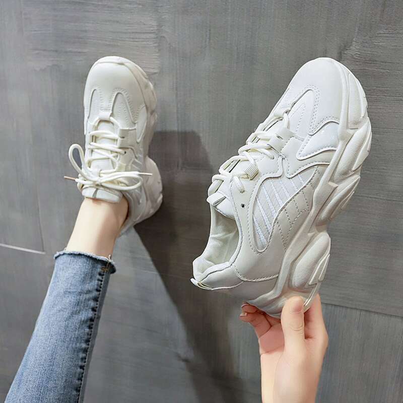 

Solid Lace-up Chunky Sneakers, Beige