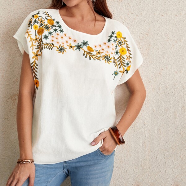 

Flower Embroidered Crepe Top, White