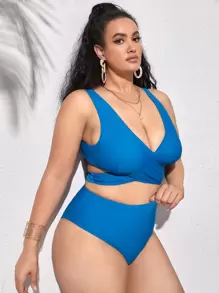 Plus Size Criss Cross Wrap High Waisted Bikini Set Summer Beach - Blue - View 3