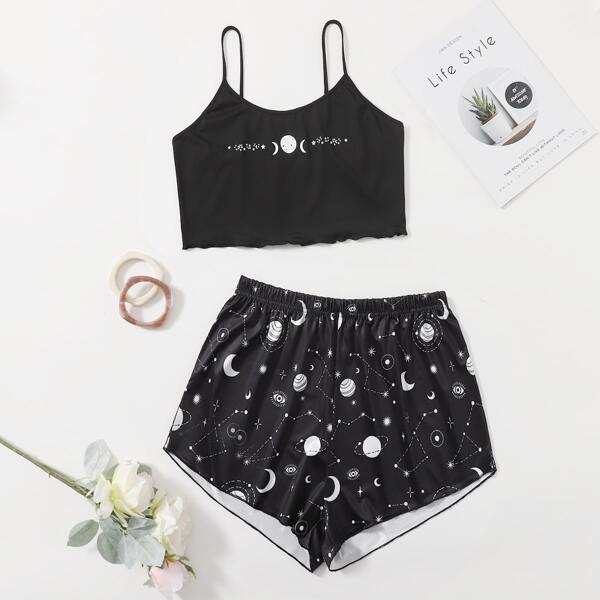

Plus Galaxy Print Cami Pajama Set, Black