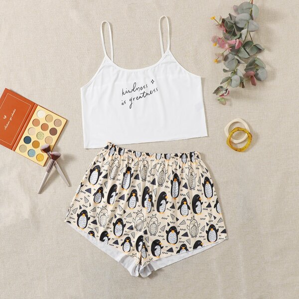

Plus Cartoon & Slogan Graphic PJ Set, Multicolor