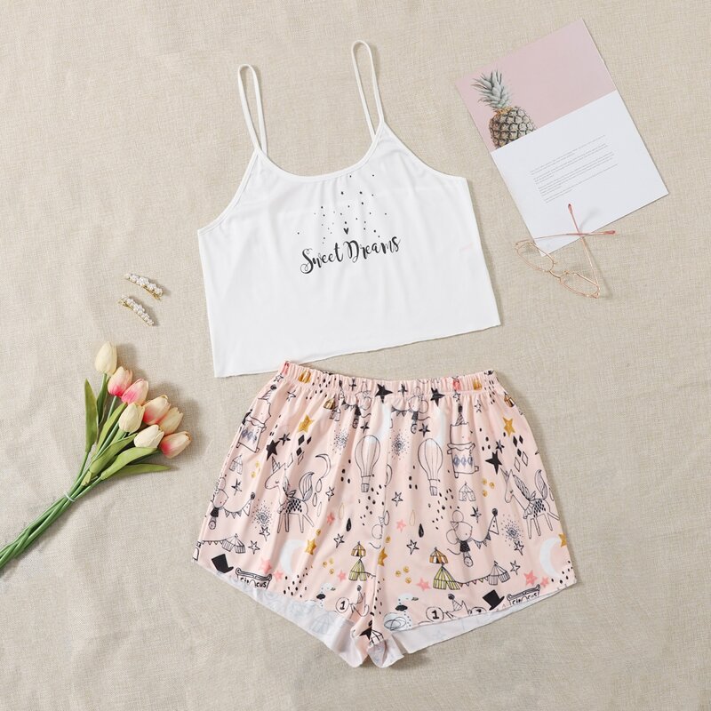 

Plus Cartoon & Letter Graphic Pajama Set, Multicolor
