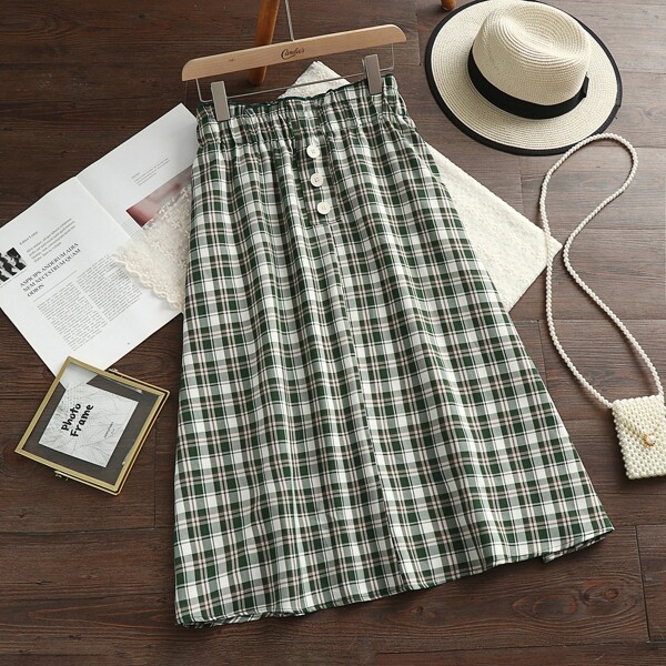 

Plus Paperbag Waist Button Front Plaid Skirt, Green