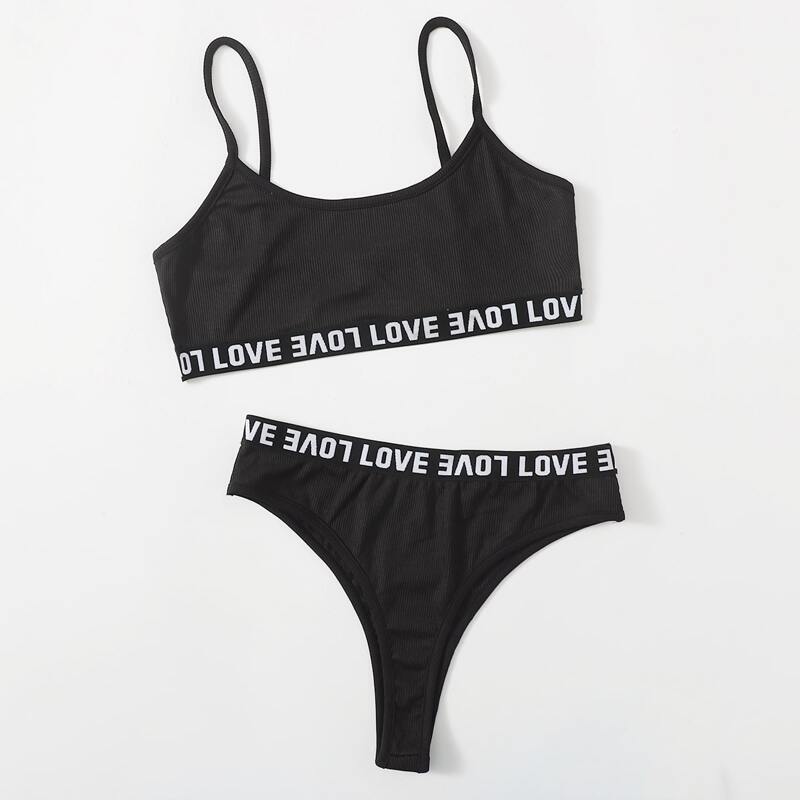 

Ribbed Letter Tape Lingerie Set, Black