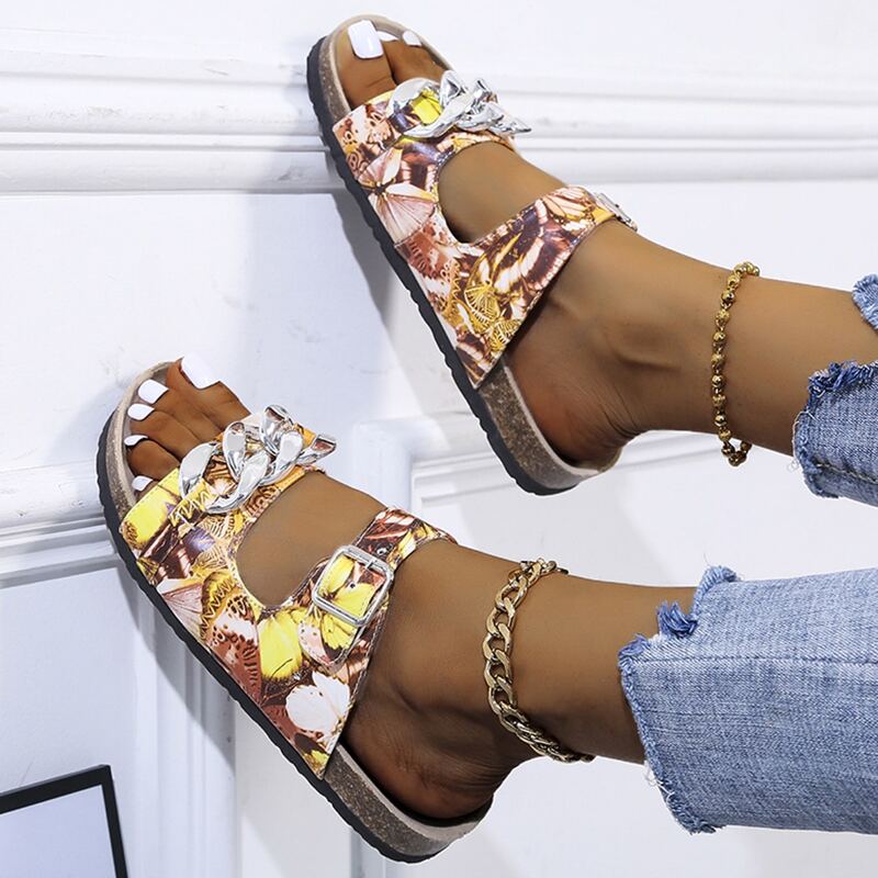 

Butterfly Chain Strap Slide Sandals, Yellow