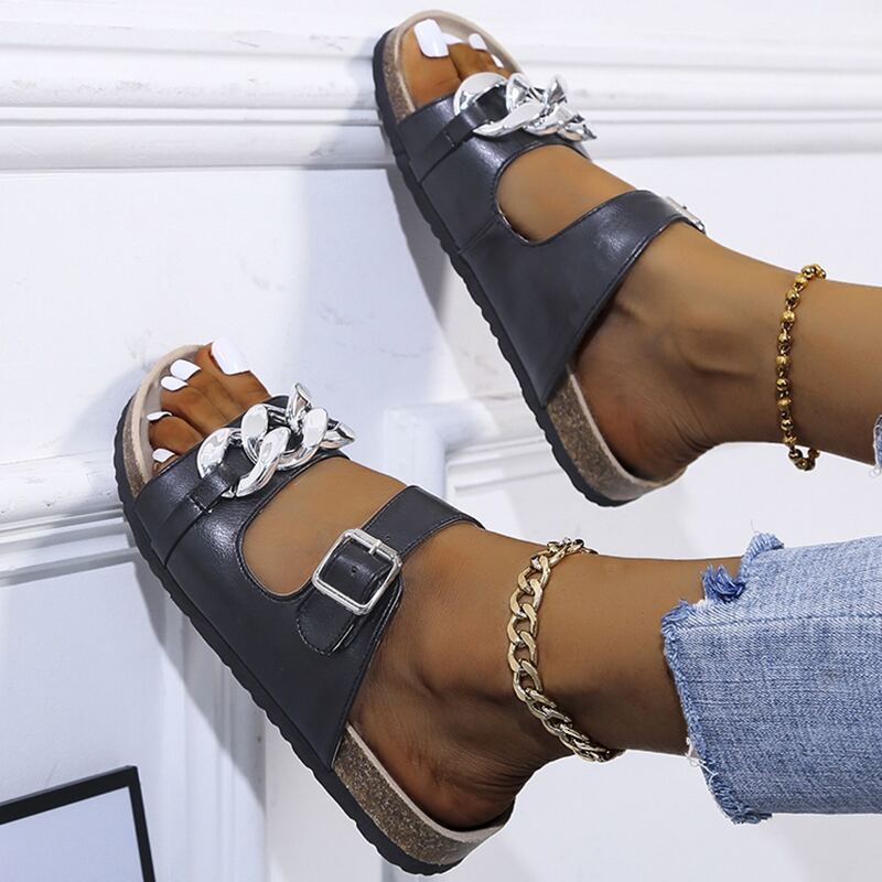 

Chain Strap Slide Sandals, Black
