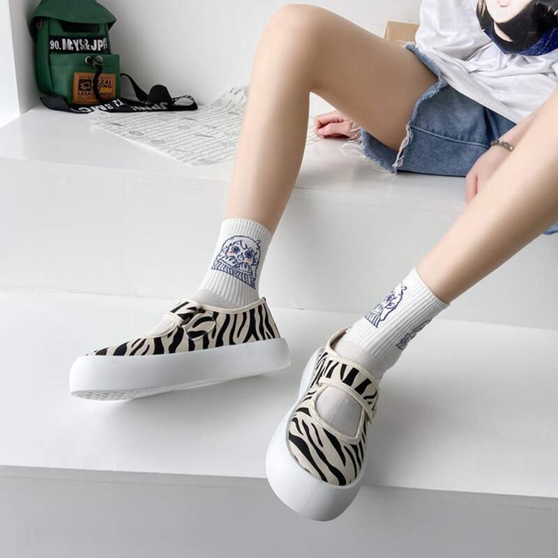 

Zebra Striped Mary Jane Canvas Sneakers, Black and white