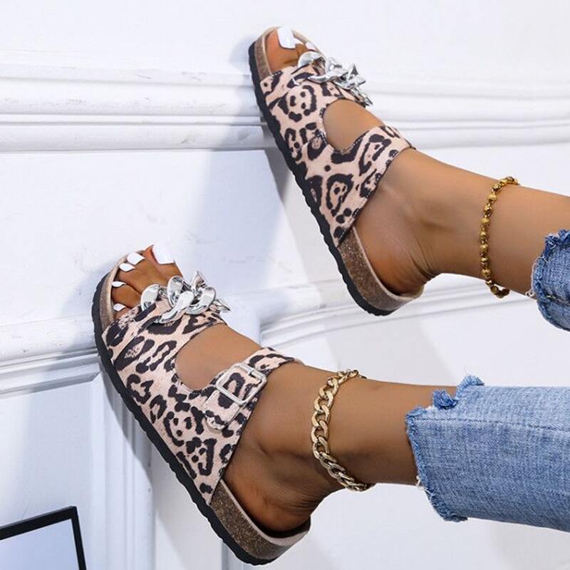 

Leopard Chain Strap Slide Sandals, Khaki