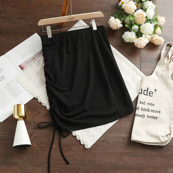 

Plus Drawstring Side Solid Skirt, Black
