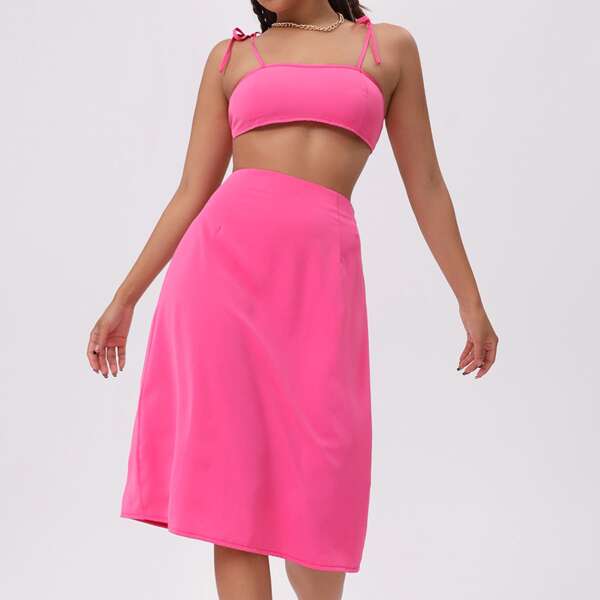 

Knot Straps Cami Crop Top & Skirt Set, Hot pink