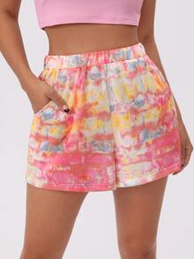 Elastic Waist Tie Dye Shorts - Multicolor - View 1