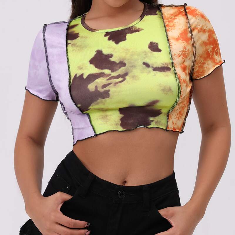 

Stitch Trim Colorblock Tie Dye Crop Tee, Multicolor