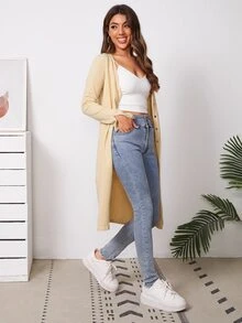 SHEIN Essnce 紐扣柔軟針織長款開衫 - 杏色 - 查看 4