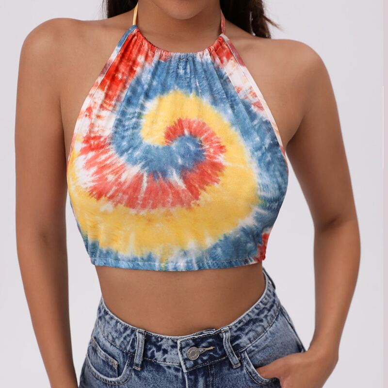 

Halterneck Knot Backless Tie Dye Crop Top, Multicolor