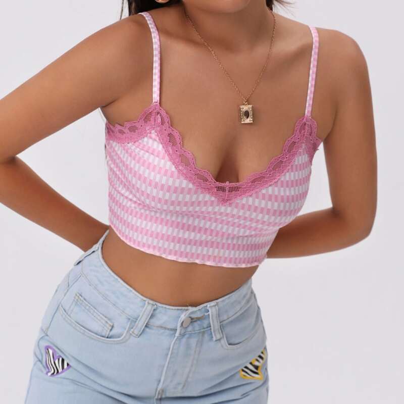 

Plaid Lace Trim Cami Top, Pastel baby pink