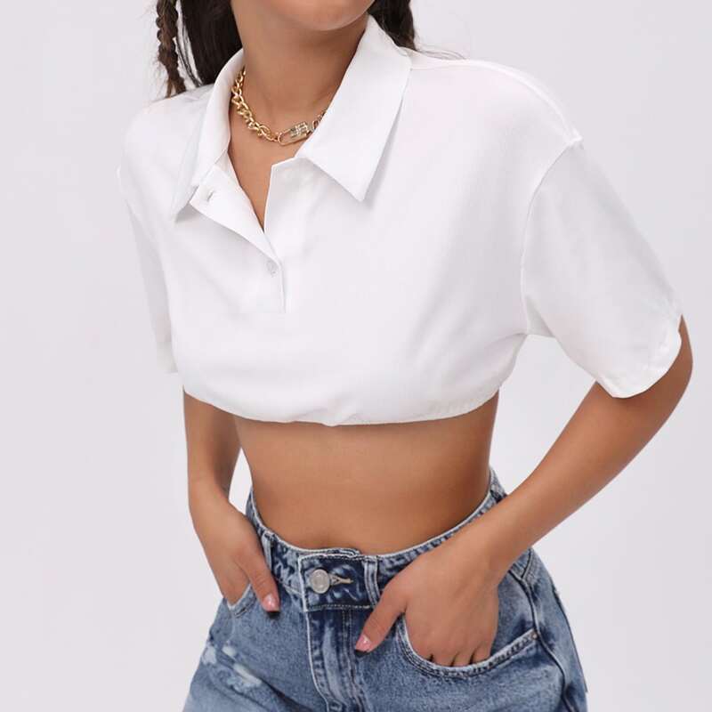 

Drop Shoulder Half Button Crop Tee, White