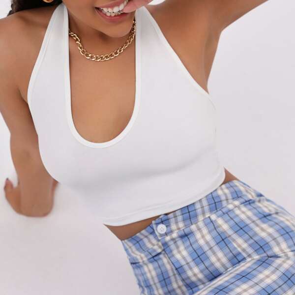 

Solid Crop Halter Top, White