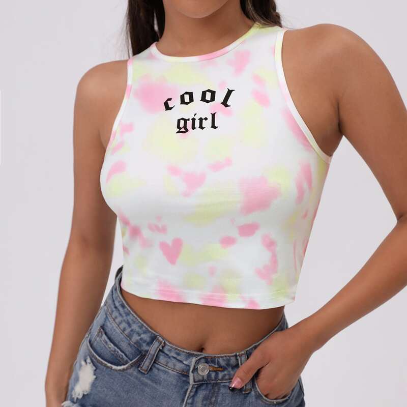 

Letter & Tie Dye Tank Crop Top, Multicolor