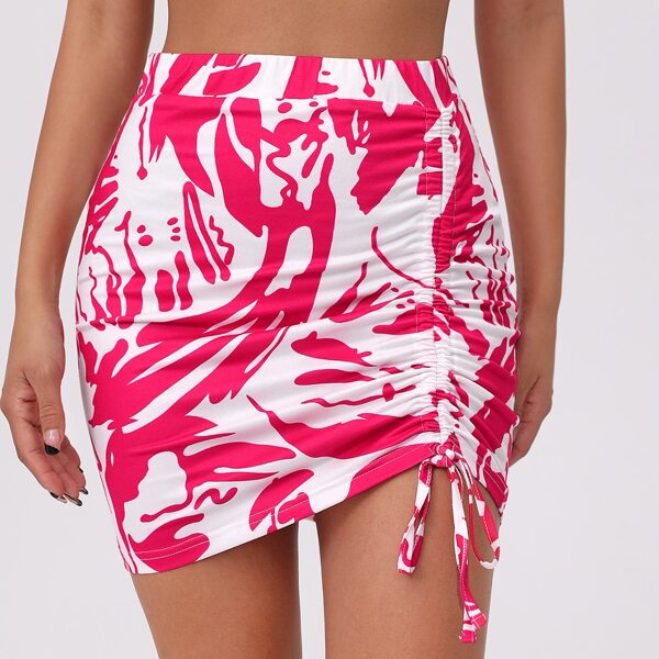 

Allover Print Drawstring Side Bodycon Skirt, Hot pink