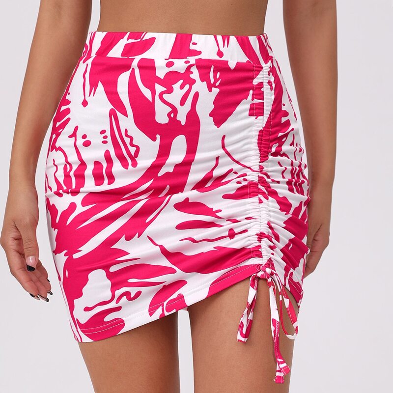 

Allover Print Drawstring Side Bodycon Skirt, Hot pink