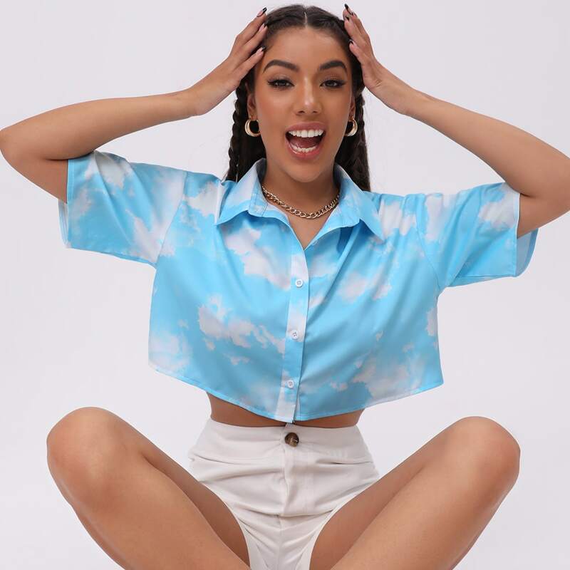 

Button Front Graphic Print Crop Blouse, Blue and white
