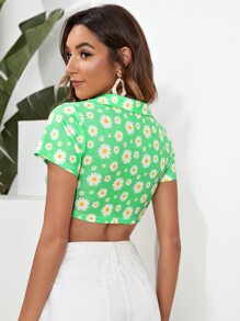 SHEIN VCAY 小雛菊花卉圈細節上衣 - 綠色 - 查看 2