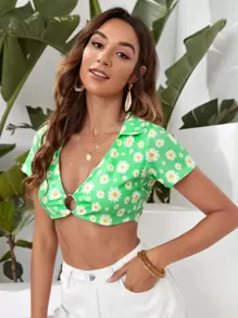 SHEIN VCAY 小雛菊花卉圈細節上衣 - 綠色 - 查看 3