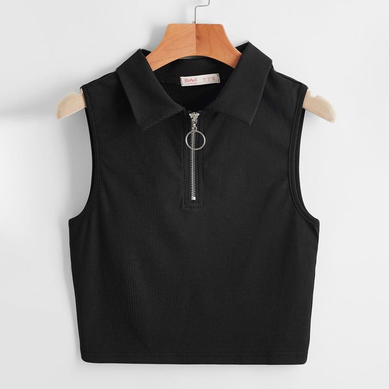 

Solid Half Zip Ribbed Tank Top, Black