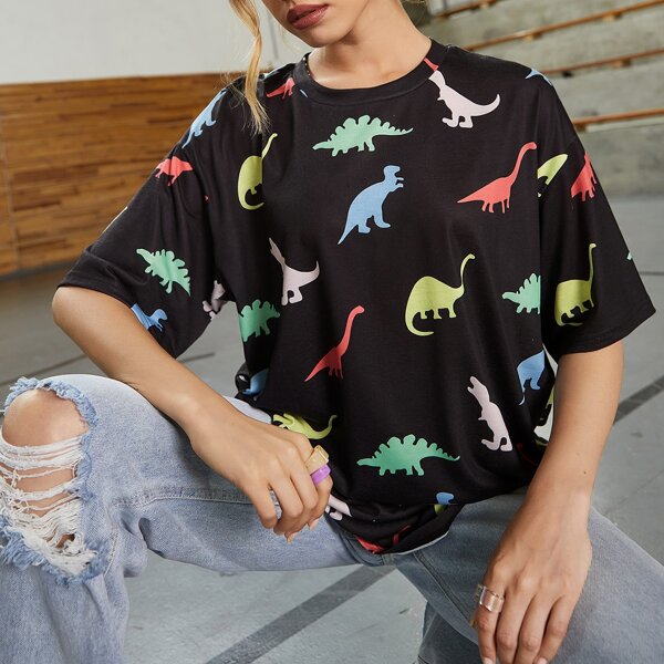 

Drop Shoulder Dinosaur Print Tee, Multicolor