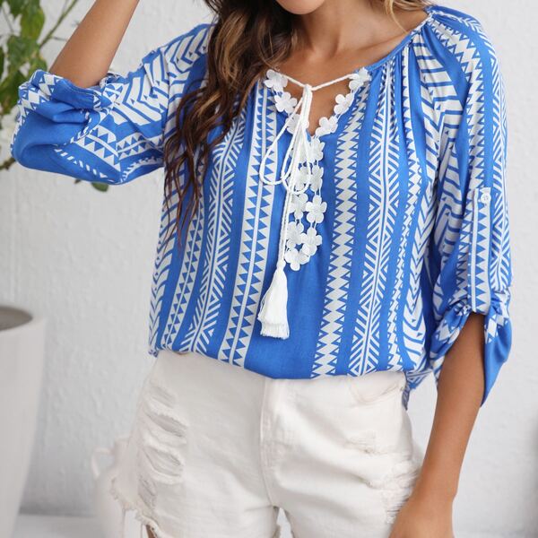 

Tie Neck Roll Up Sleeve Striped Top, Blue and white