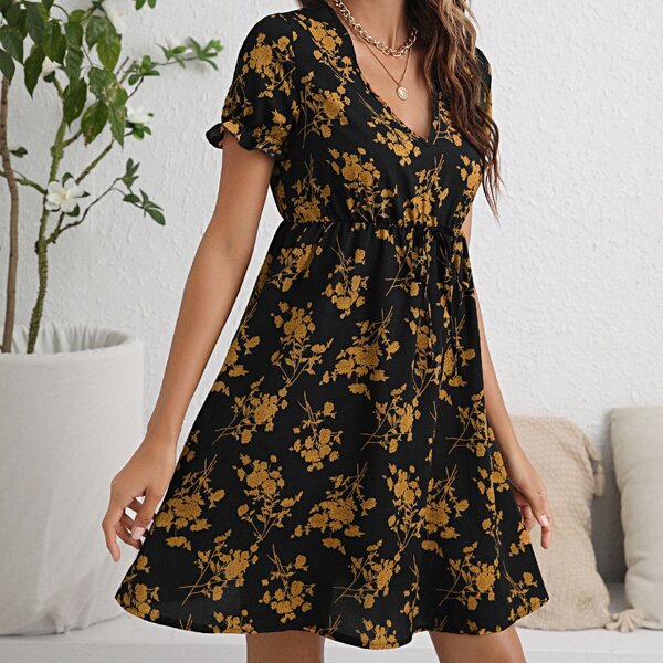 

Puff Sleeve Tie Waist Floral Print Dress, Multicolor