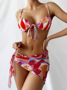 3packs Colorblock Lettuce Trim Halter Bikini Set