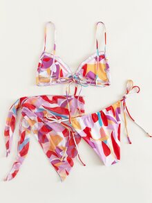 3packs Colorblock Lettuce Trim Halter Bikini Set