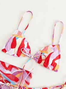 3packs Colorblock Lettuce Trim Halter Bikini Set