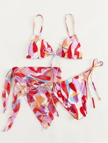 3packs Colorblock Lettuce Trim Halter Bikini Set
