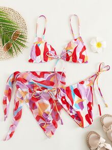 3packs Colorblock Lettuce Trim Halter Bikini Set
