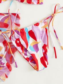 3packs Colorblock Lettuce Trim Halter Bikini Set